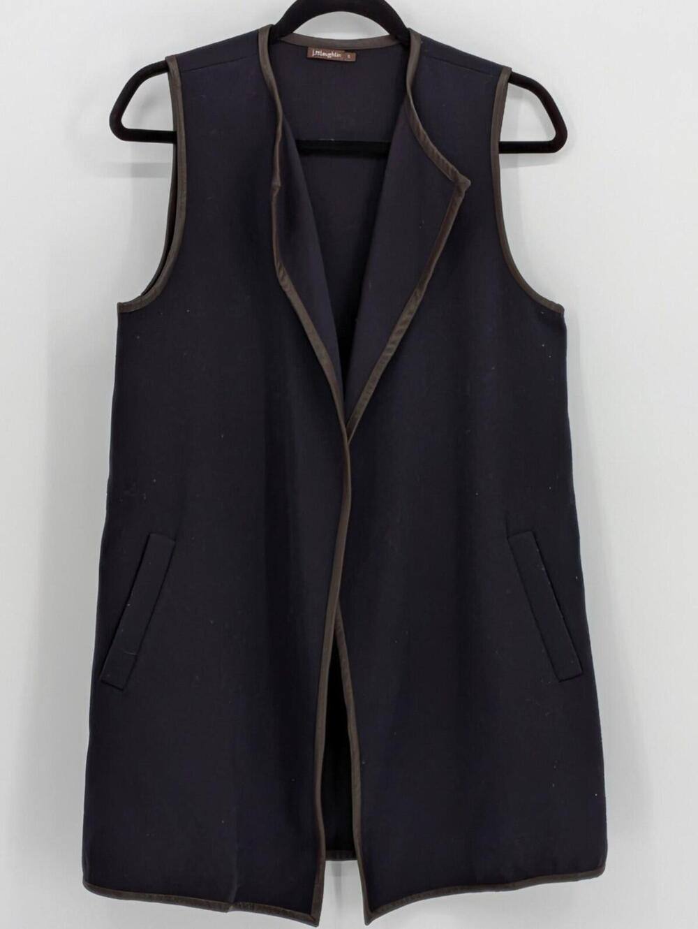 J.McLaughlin Small Navy Longline Open Front Vest Faux Brown Leather Trim